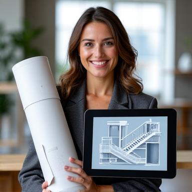 Portrait of a vibrant female design specialist confidently holding architectural blueprints and a tablet.